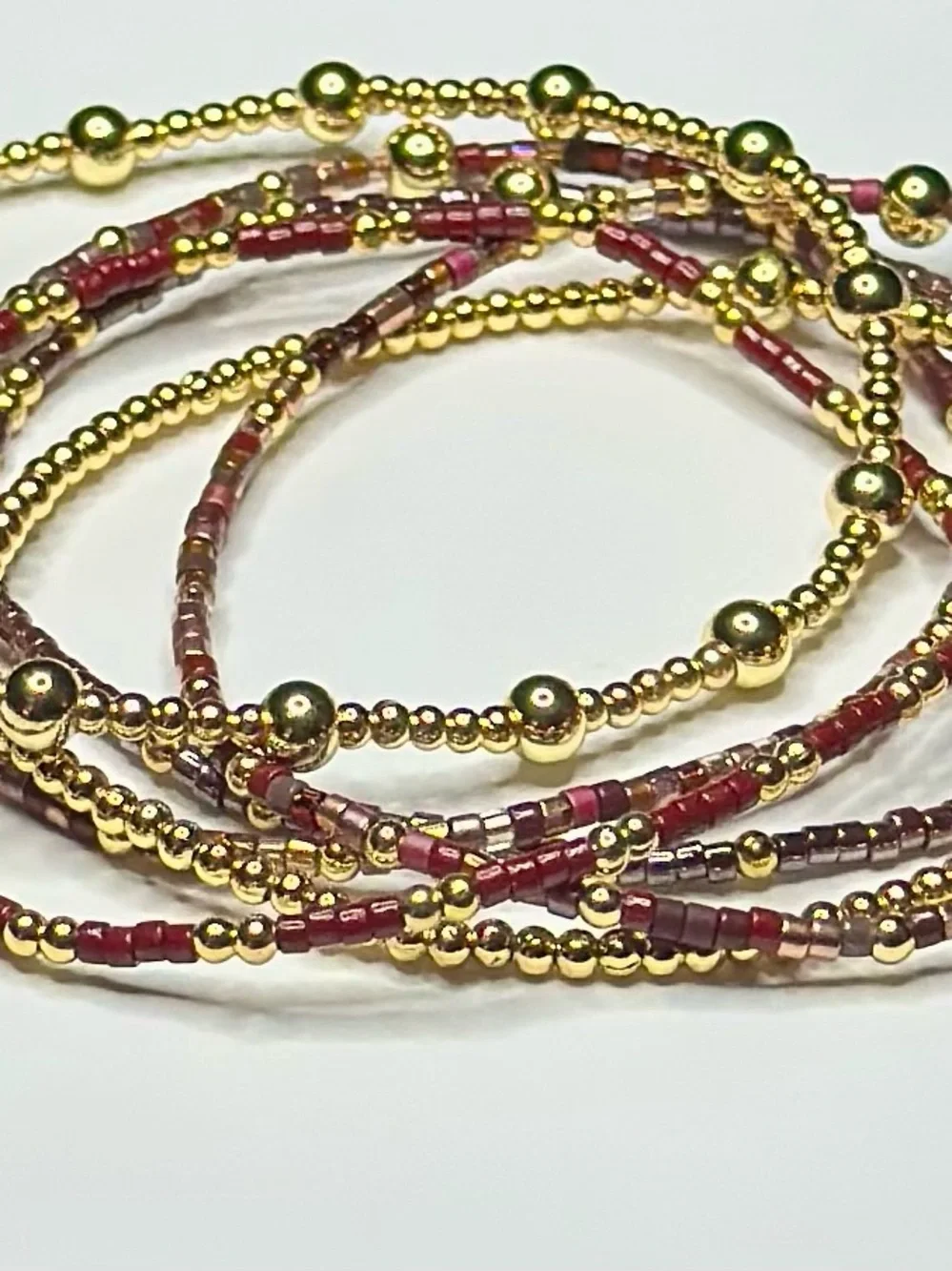 BramFam Beads Burgundy Gold Filled Bracelet Set of 6. Size 6.25”
